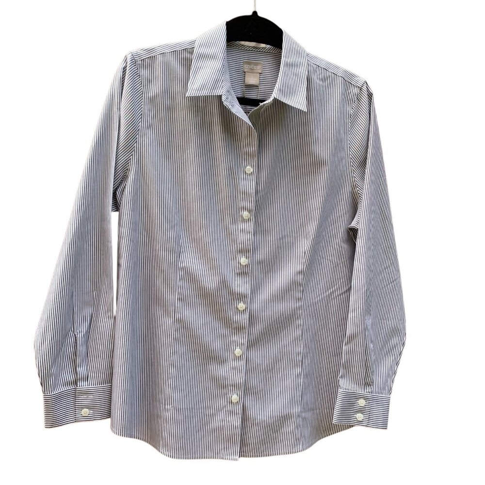 Chico's Womens Dark Gray & White Pinstripe Button-Down Long-Sleeved Shirt Size M